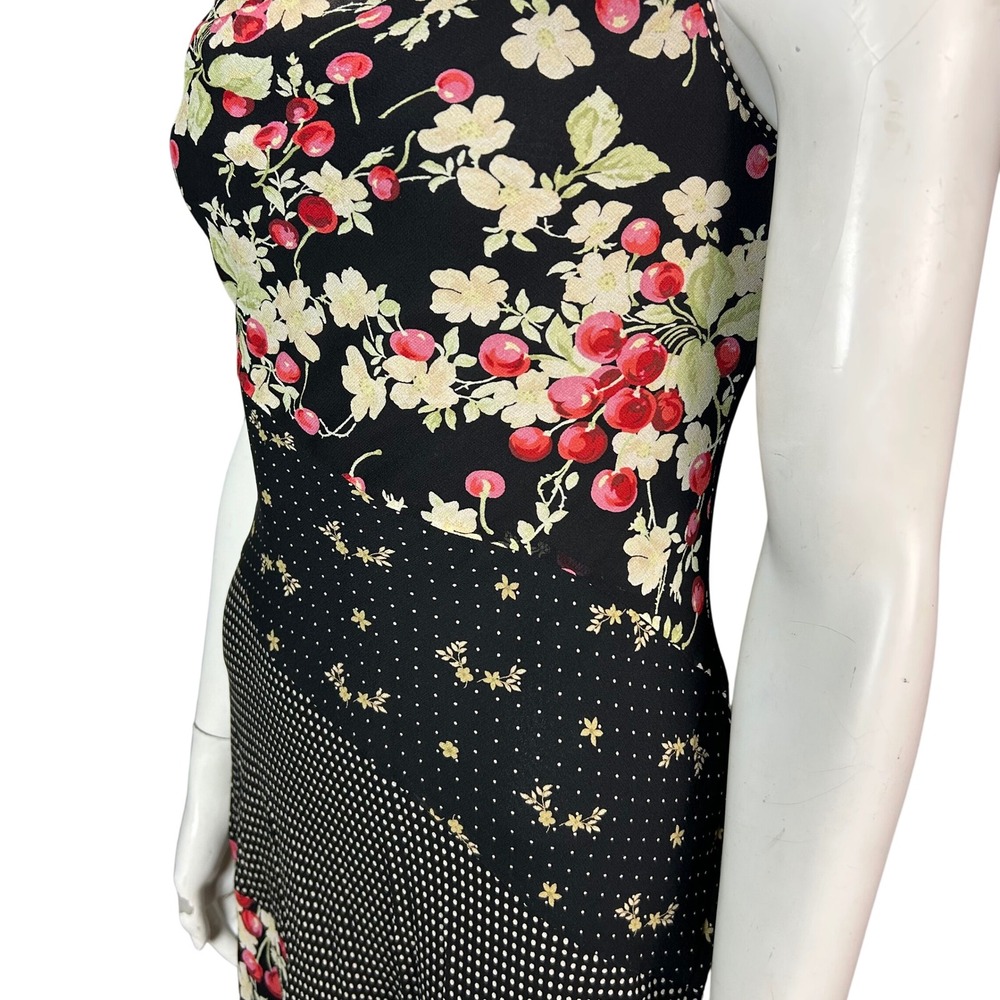 90s Slip Dress Cherries Floral Size 1/2 XS Express Silk Patchwork Retro - Picture 2 of 12